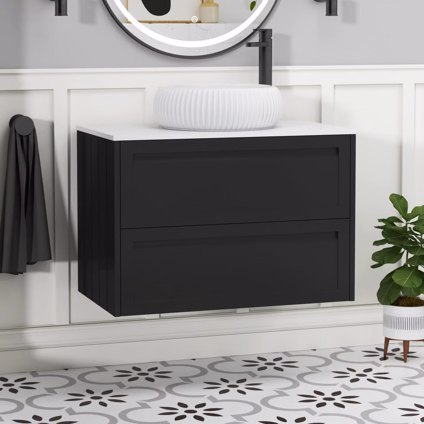 Royal Bathrooms Elmore 800mm Wall Hung Vanity Unit in Matt Nocturne Black with 2 Drawers and Plain White Worktop with Milan Basin