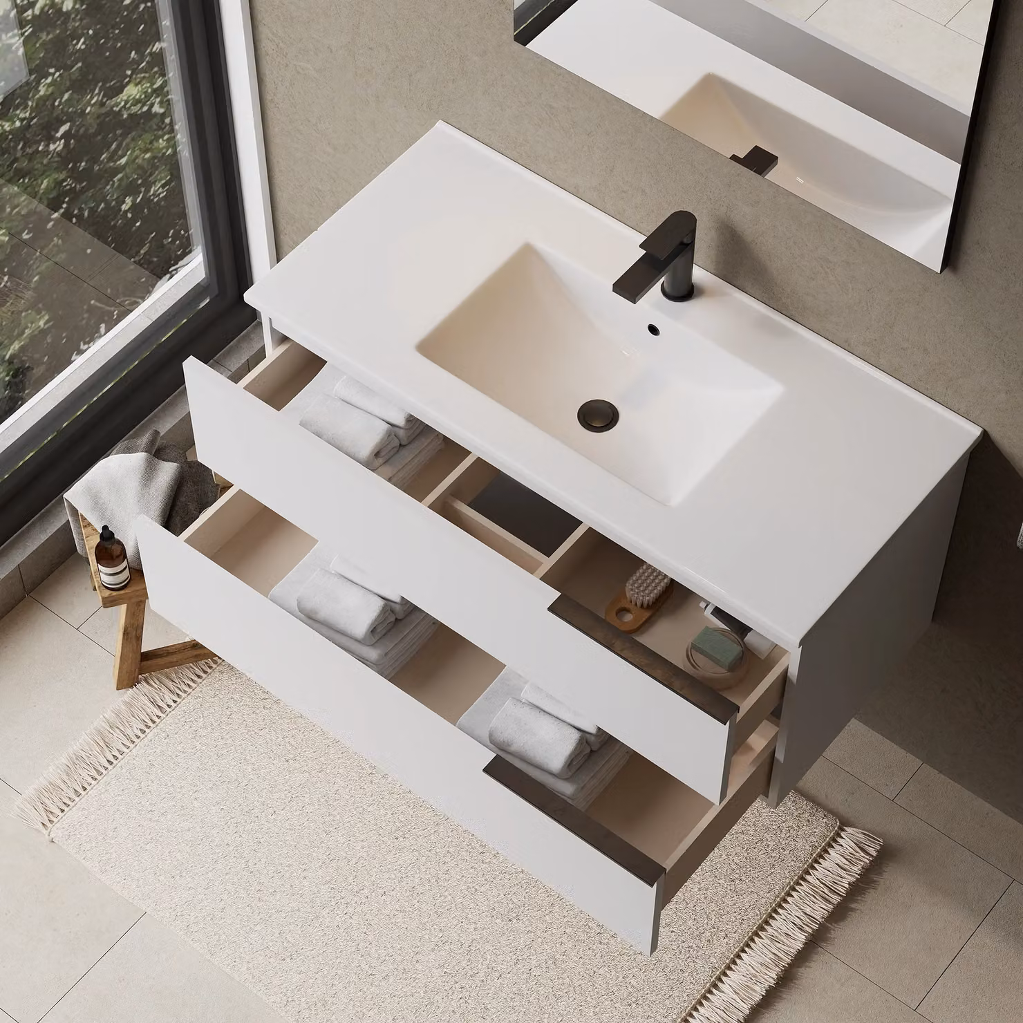 Banyetti Celtic Wall Hung Bathroom Vanity Unit with Lira Basin, Gloss White, W: 100 cm, D: 45 cm, H: 48 cm – 3