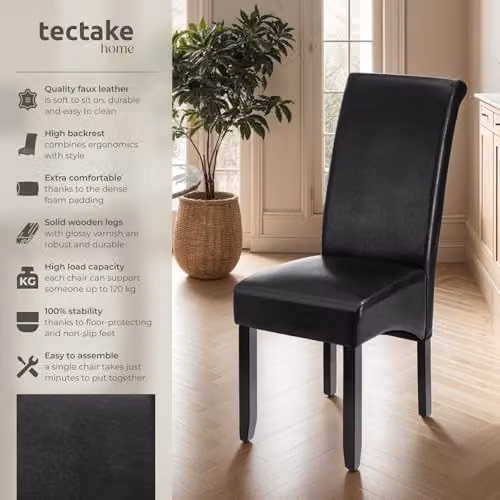 tectake Set of 4 Modern Dining Chairs with Black Synthetic Leather and Lacquered Wood Legs – 4