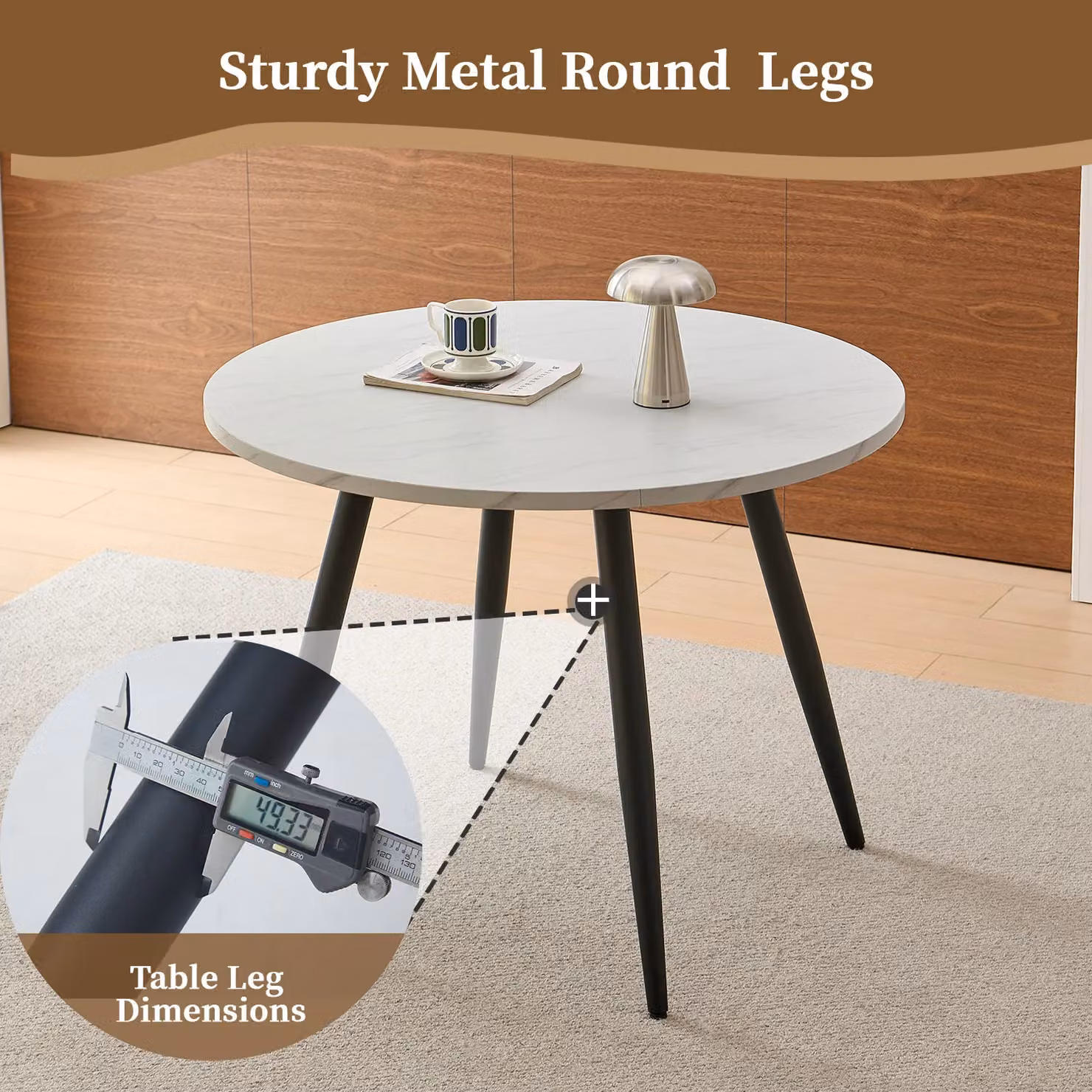 SONARA Round Rustic Dining Table with Wood Top and White Metal Legs, Diameter: 100 cm, Height: 75 cm – 3