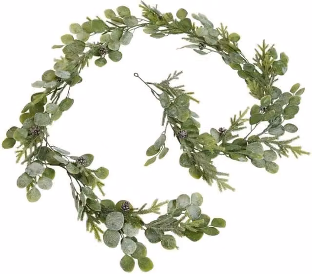 Lemon Pavilion Frosted Pine and Eucalyptus Christmas Garland in White and Green, W: 12 cm, D: 12 cm, H: 180 cm
