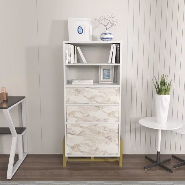 Decorotika Utopia Bookshelf in White Marble Effect and Gold