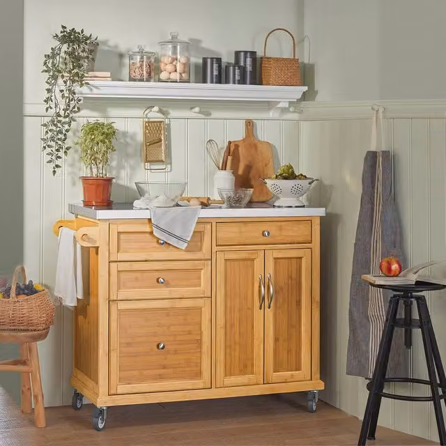 SoBuy Mobile Kitchen Island with Stainless Steel Top in Natural Bamboo and Metal