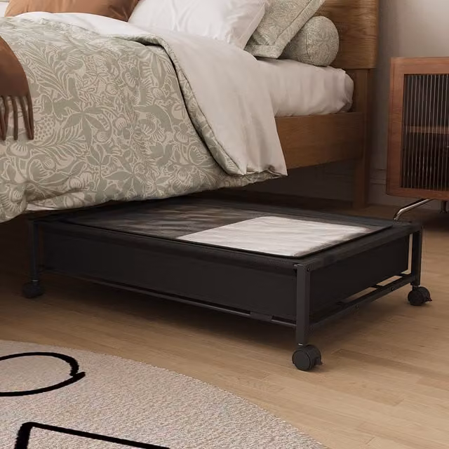 Livingandhome Mobile Metal Underbed Storage Box with Wheels in Matt Black