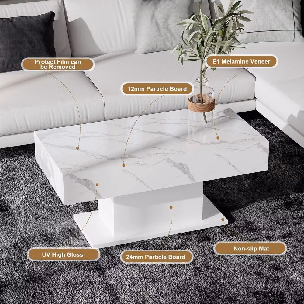 KEEPREAPER Modern Rectangular Glossy Wooden Coffee Table with LED Lights in White – 5