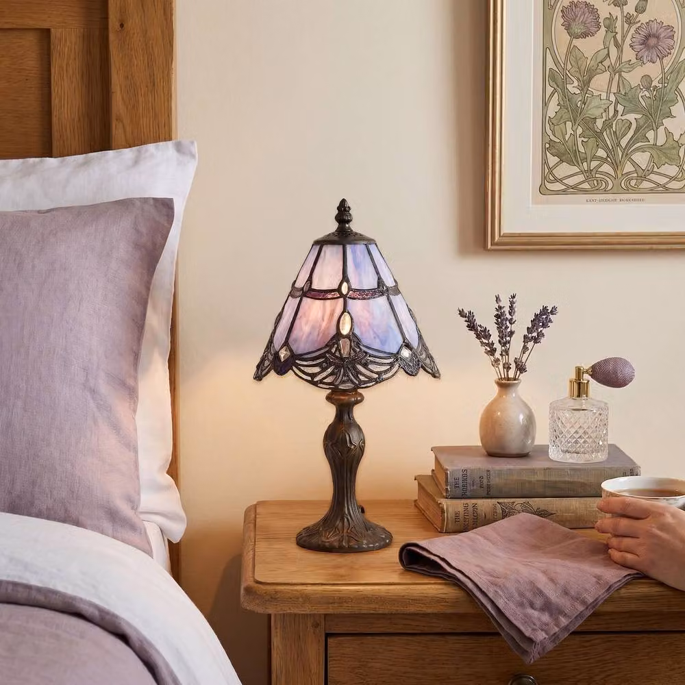 Happy Homewares Quirky & Petite Purple Stained Glass Tiffany Table Lamp with Bronze Base and Clear Beads – 4