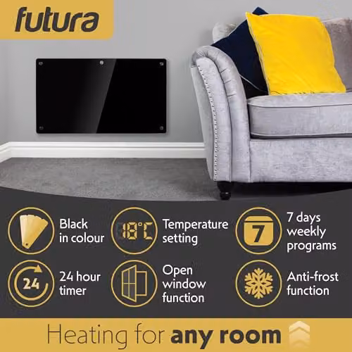 Futura 1500W Black Glass Electric Convector Panel Heater, Wall Mounted or Freestanding with Thermostat and Open Window Detection – 3