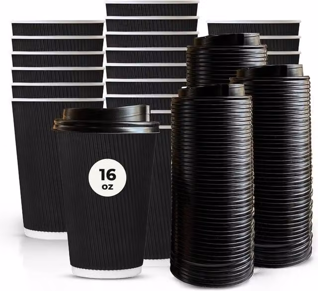 ECONX 200 Pack Disposable Kraft Ripple Paper Coffee Cups with Lids, Black, 16oz