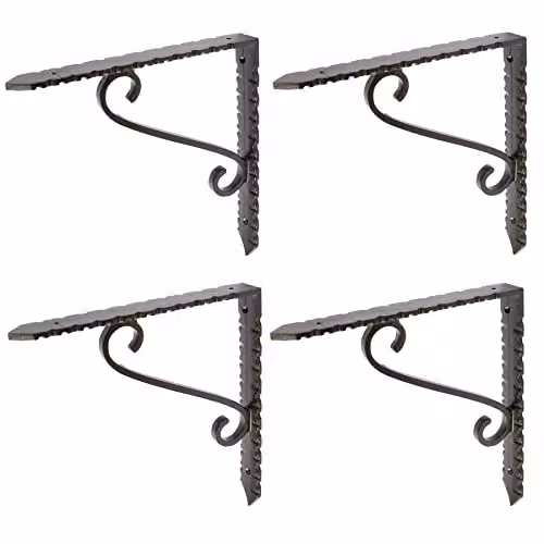Hammer and Tongs Notched Scroll Iron Shelf Bracket, Matt Black, Pack of 4