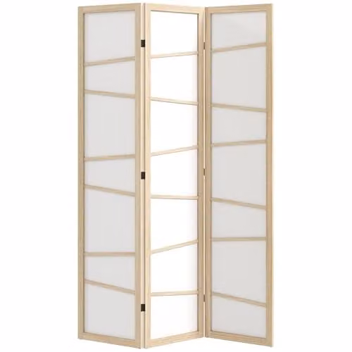 HOMCOM 3 Panel Wooden Folding Room Divider with Striped Fabric in Beige, Sand and White, H 170 x W 120 x D 1.8 cm