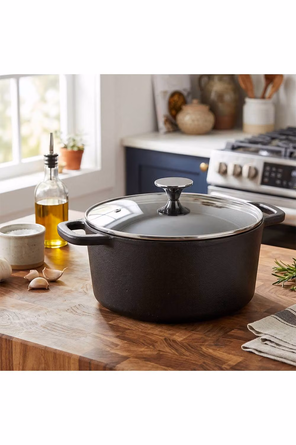 Living and Home Uncoated Cast Iron Stock Pot with Glass Lid and Dual Handles in Black – 2