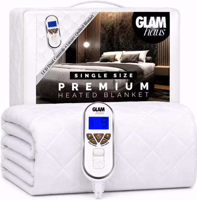 Glamhaus White Cotton Quilted Heated Electric Blanket, W/D/H: 90 x 200 cm