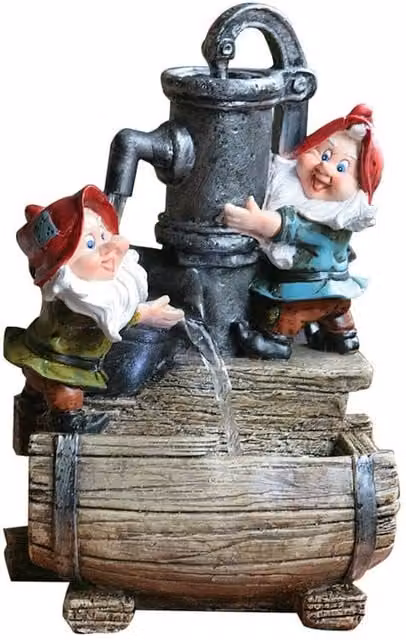 Primrose Garden Gnome Helpers Pump Barrel Water Feature with Lights in Brown and Multicolour