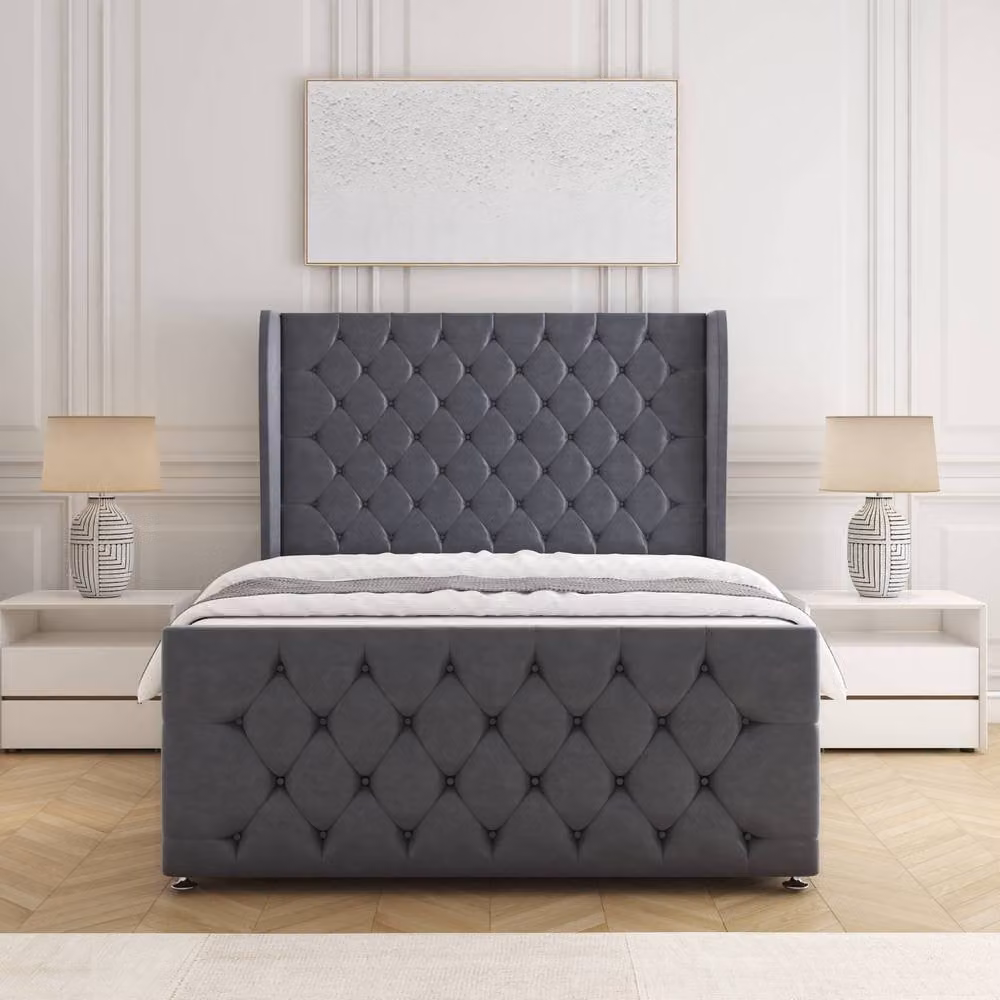 BSSPOKE Anna Plush Velvet Double Divan Bed with 54 inch Headboard, 2 Drawers, Footend and Mattress in Charcoal Grey, W/D/H: 140 x 200 cm