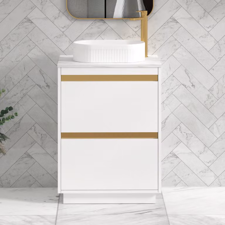 Royal Bathrooms Orion 600mm Matt White Floor Standing 2 Drawer Vanity Unit with Lyon Basin and Brushed Brass Accent Trim