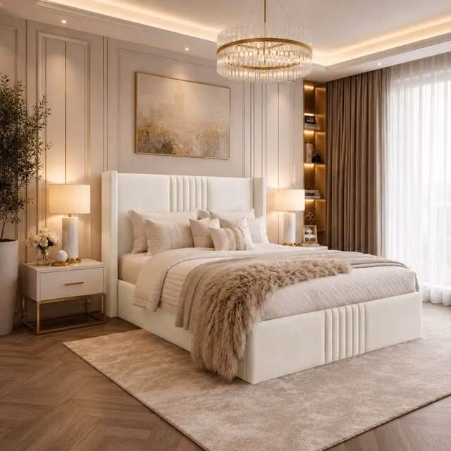 Desire Deco Brooks Wingback Upholstered Bed Frame in Beige Plush Velvet, Single (90 x 200 cm)