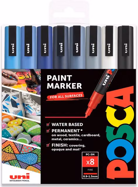 Posca PC-3M Paint Marker Set with Bullet Nib, 8 Permanent Pigment Art Pens in Multicolour