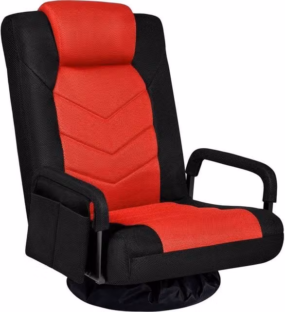 KORVIXA Black and Red Reclining Swivel Floor Gaming Chair with Headrest and Armrests, W/D/H: 100 x 100 x 100 cm