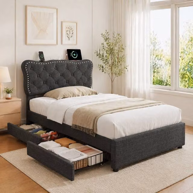 STILVORA Single Bed Frame with Storage Drawers and USB Charging Port in Grey, W/D/H: 90 x 190 cm – 1