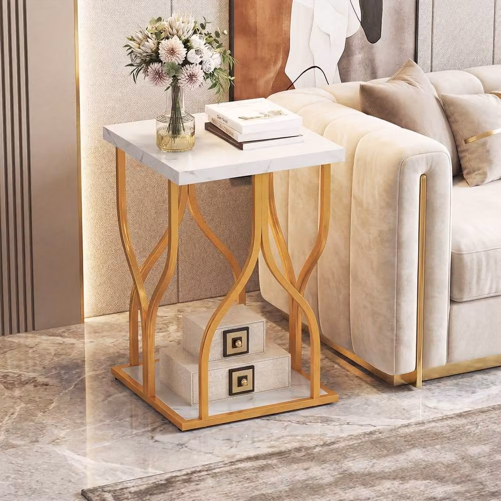 Costway Faux Marble Nightstand, 2-Tier White End Table with Storage Shelf and Metal X-Frame – 5