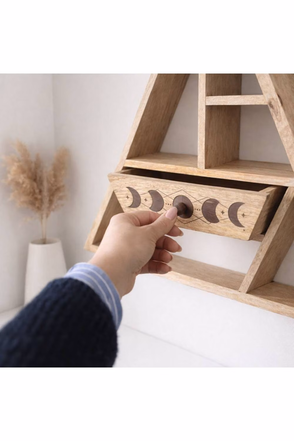 KDMD Triangle Wooden Wall Shelf with Moon Phase Drawer in Brown – 2