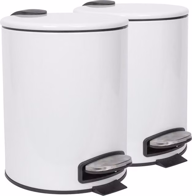 Harbour Housewares Pack of 2 Round Stainless Steel Pedal Bins with Removable Inner Buckets, White, 5L