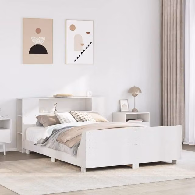Berkfield Home Rustic White Solid Wood Pine Bed Frame with Side Compartments, W/D/H: 150 x 200 cm