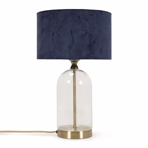 ValueLights Glass and Gold Metal Table Lamp with Navy Blue Velvet Lampshade and Warm White LED Bulb – 1