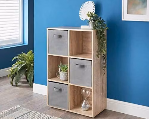 Spot on dealz 6 Cube Oak Wooden Storage Shelving Unit with 3 Grey Fabric Woven Baskets