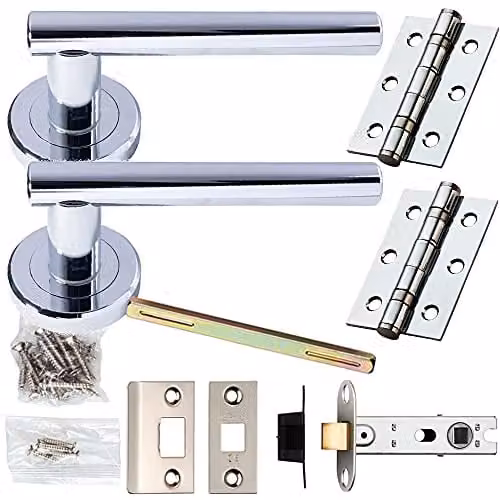 Loops Chrome Modern Straight T-Bar Door Handle and Latch Pack with Screwless Round Rose