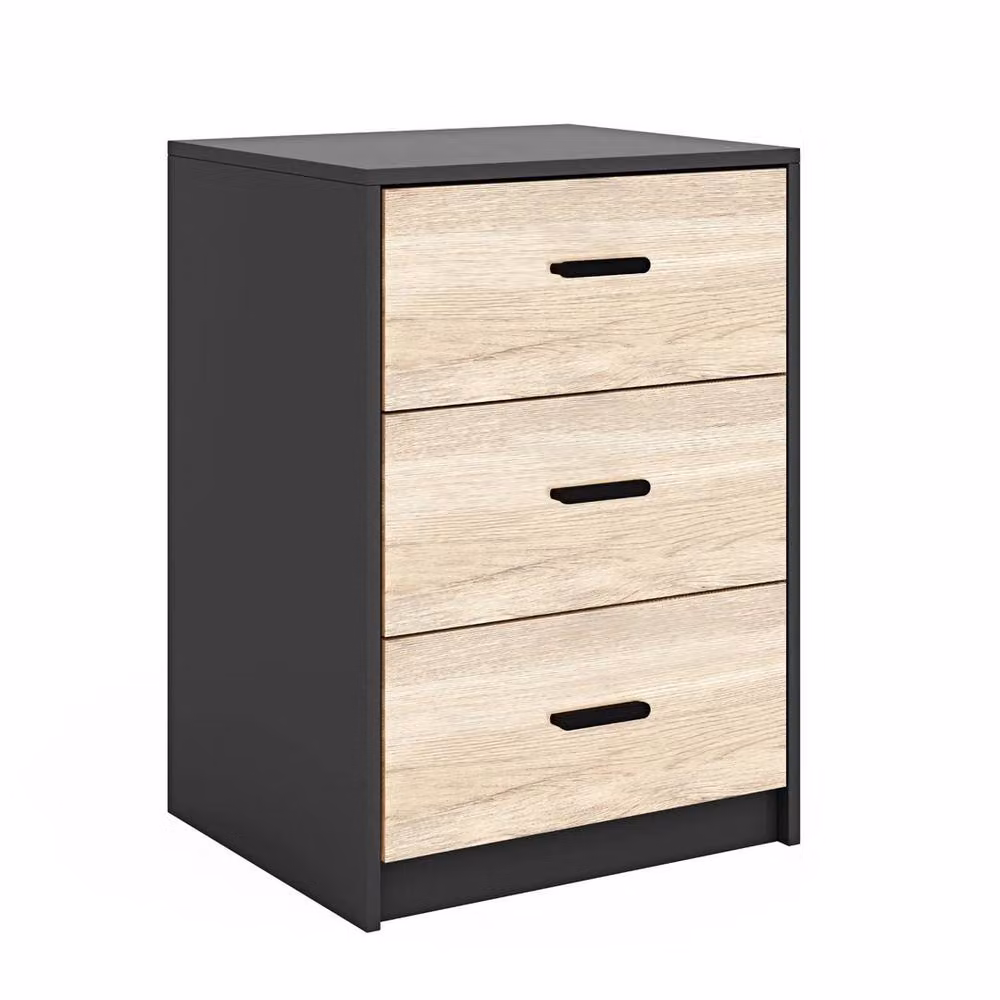 FORGEVIO Modern Bedroom Bedside Cabinet with Drawers in Black and Light Oak – 2