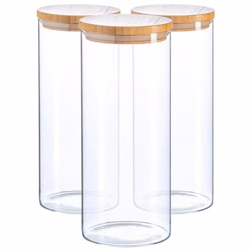 Argon Tableware Scandi Airtight Glass Storage Jars with Wooden Lids, 1.5 l, 3 Pack, Transparent
