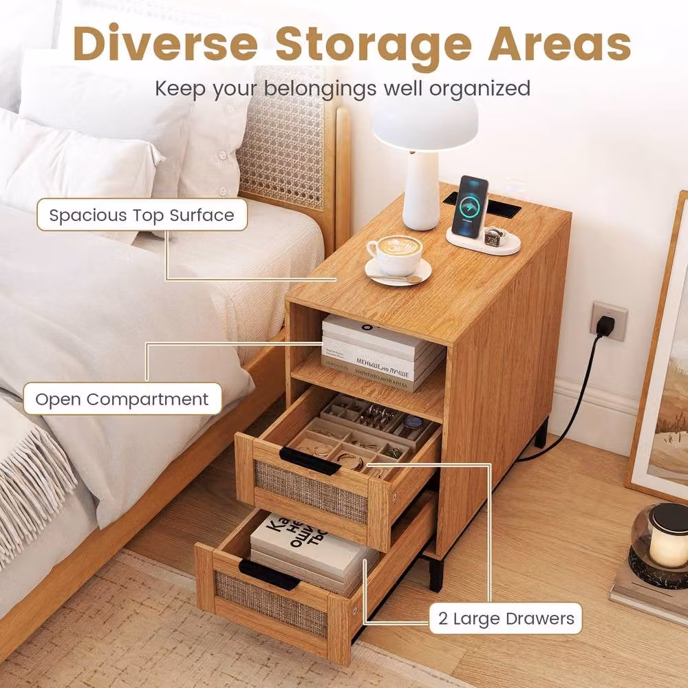 Gymax Narrow Brown Rattan Side Table with Charging Station and 2 Drawers – 3