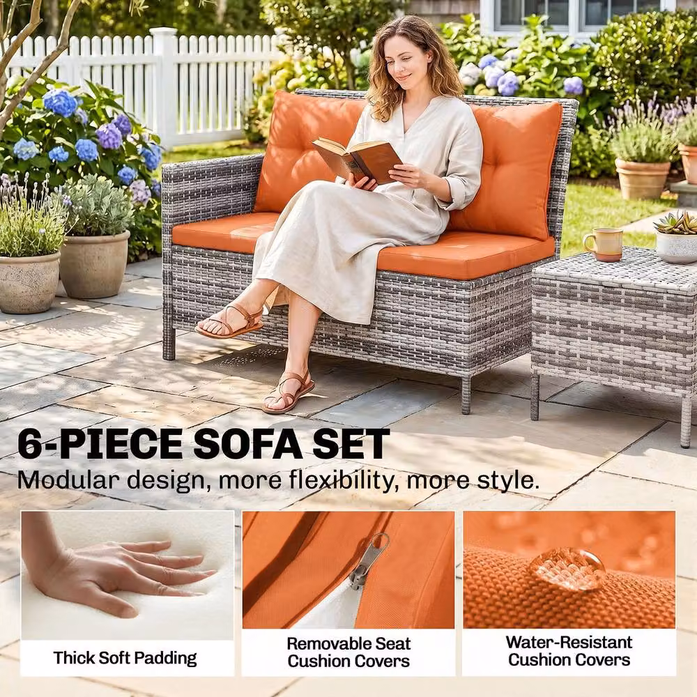 OUTSUNNY 6 Piece Rattan Patio Sofa Set with Metal Frame in Orange and Beige – 4
