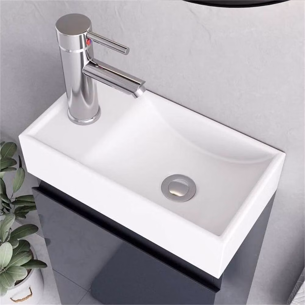 FORGEVIO Denvor Grey Freestanding Bathroom Vanity Unit with Glossy Finish and Internal Shelves – 3