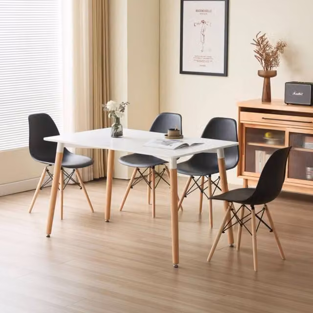 Comfy Living Ltd 5 Piece Modern Rectangular Dining Set with White Wooden Table and 4 Black Chairs