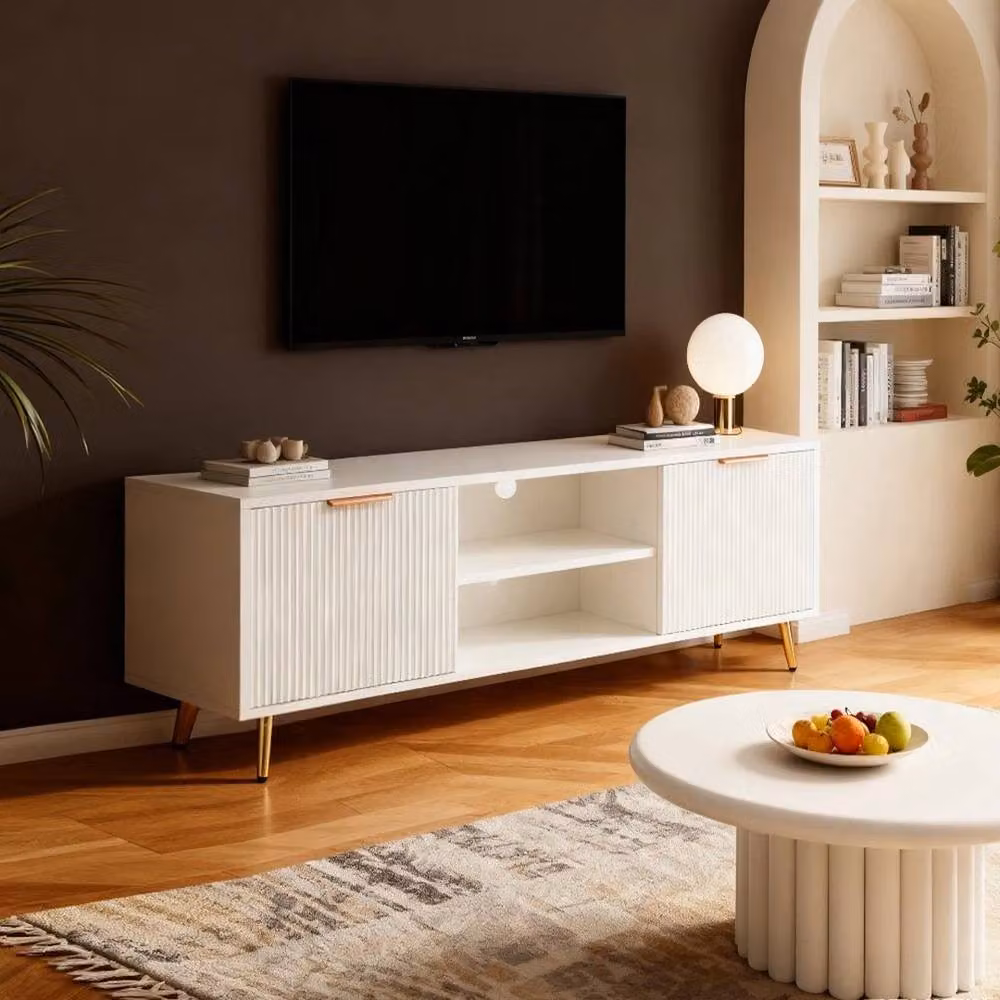 EONLION Modern White MDF TV Stand Cabinet with 2 Open Shelves and Media Compartments, Width: 100 cm – 5