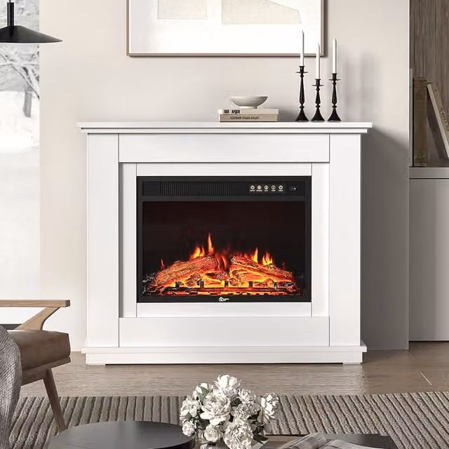 Livingandhome Recessed Electric Fireplace with White MDF and Glass Surround