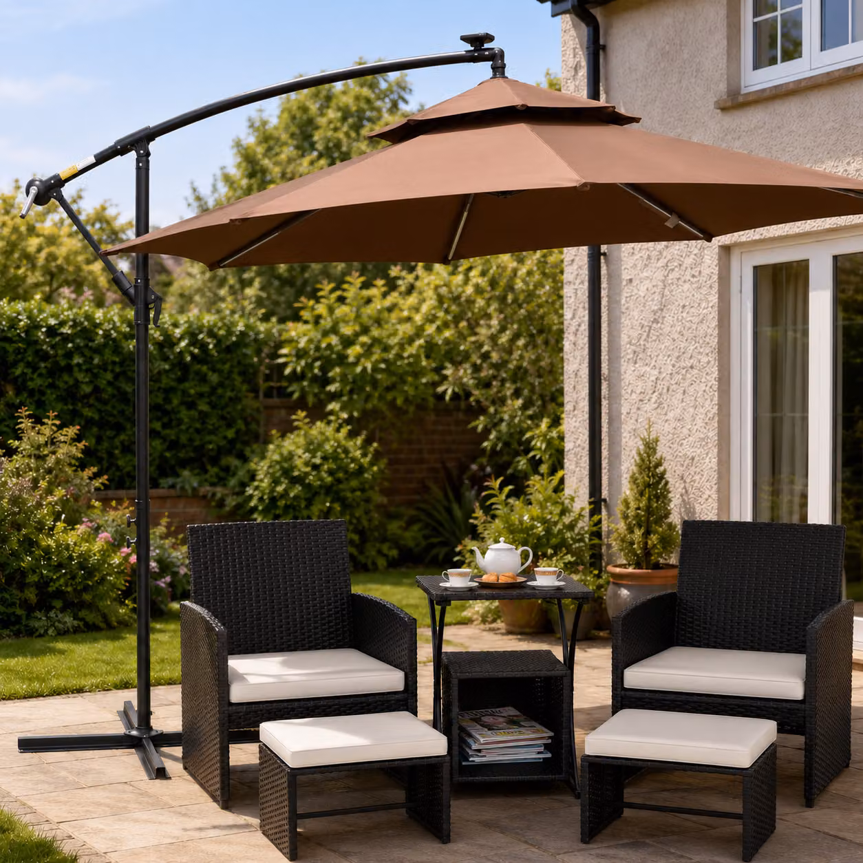 Outsunny 6 Piece Black Rattan Garden Furniture Set with Nesting Tables, Chairs, Stools and Cushions – 2