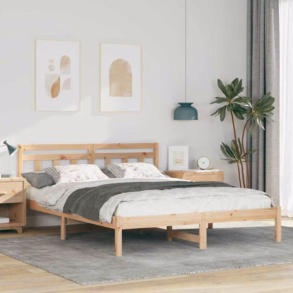 Berkfield Home Solid Pine Wood Bed with Headboard in Brown and Beige, W/D/H: 140 x 200 cm – 2