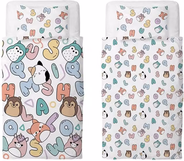 Squishmallows Reversible Graphic Duvet Cover and Pillowcase Set, Multicolour, W: 140 cm, H: 200 cm