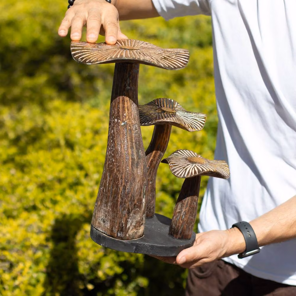 Serenityy Large Abstract Wooden Mushroom Sculpture in Brown and Gold, Height: 30 cm – 2