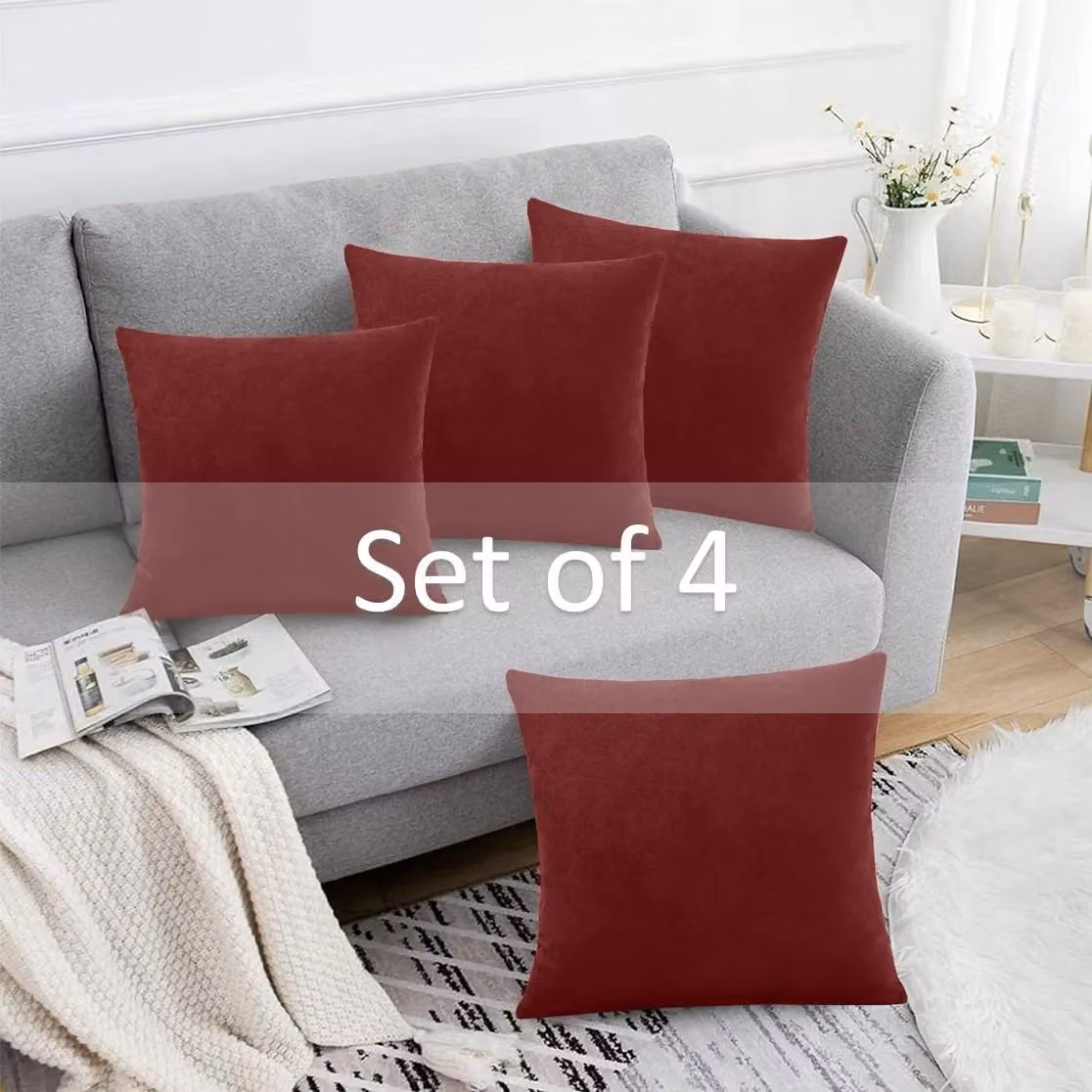 Luxury Living Set of 4 Red Velvet Chenille Square Cushions with Removable Washable Covers, 45 x 45 cm – 2