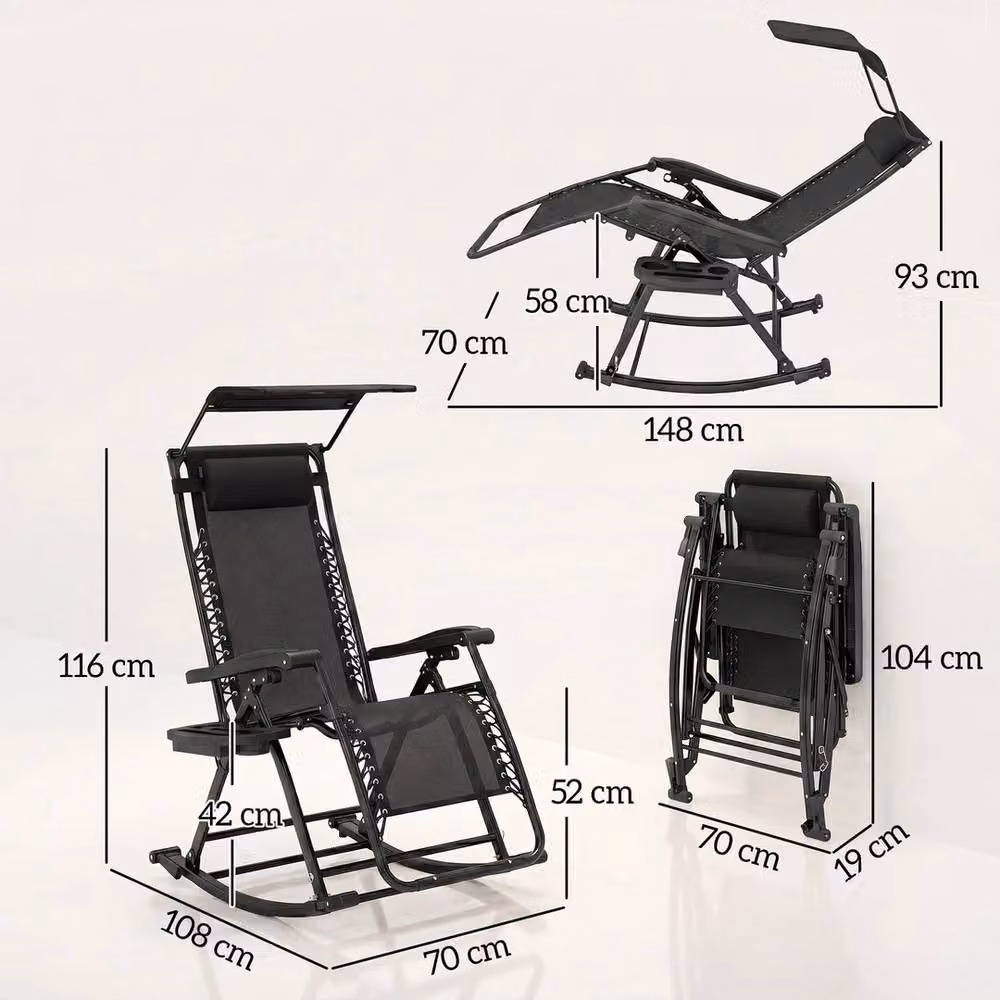 EONLION Black Folding Recliner Outdoor Lounge Chair with Sun Canopy and Adjustable Headrest – 2