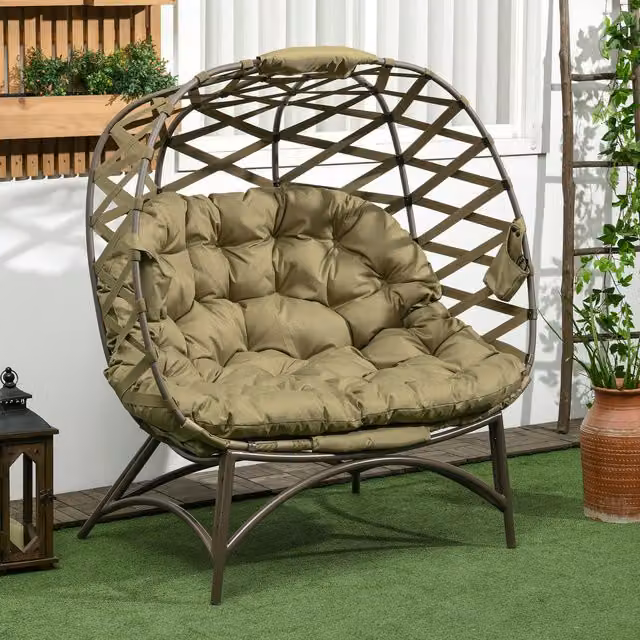 Outsunny 2 Seater Outdoor Egg Chair with Cushions and Cup Holders in Khaki