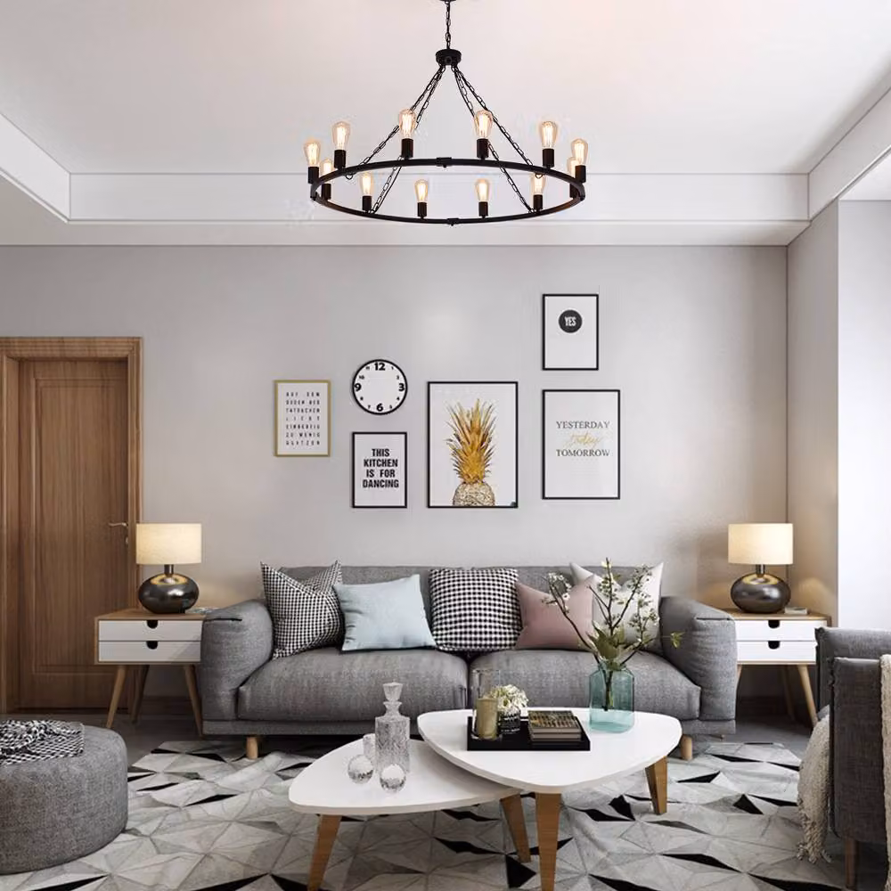 NIVOR Black Waggon Wheel Chandelier, Adjustable 12-Light Modern Metal Pendant for Kitchens, E27 – 3