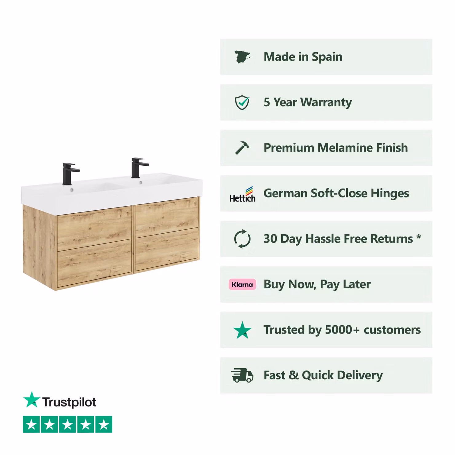 Banyetti Venti 1200mm Wall Hung Vanity Unit with Veneto 2 Tap Hole Basin in Ostippo Light Oak, W/D/H: 120 x 45 x 48 cm – 2