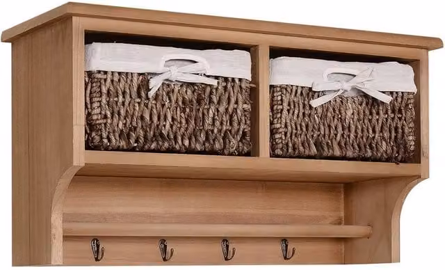 PAWNORA Rustic Wall Mounted Shelf Hooks with 2 Brown Wood and Rattan Baskets