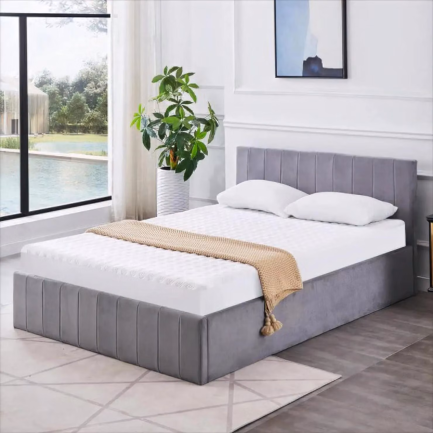 Kosy Koala Grey Velvet Striped Ottoman Bed with Gas Lift Storage and Pine Wood Frame, W/D/H: 90 x 200 x 154 cm – 4