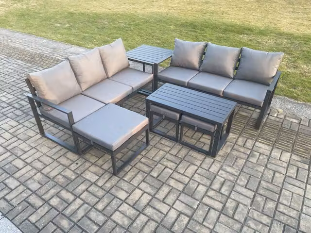 Fimous 9 Seater L-Shape Garden Furniture Set in Dark Grey, featuring Powder Coated Aluminium Frame, Outdoor Sofa, Coffee Table and 3 Ottomans